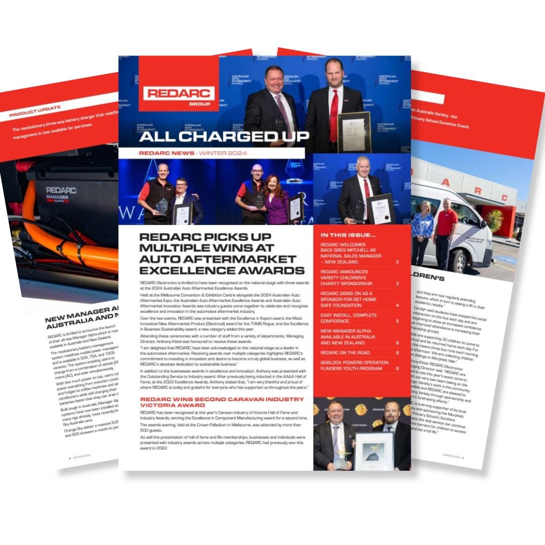 REDARC's All Charged Up Winter newsletter the cover features REDARC staff members receiving awards.