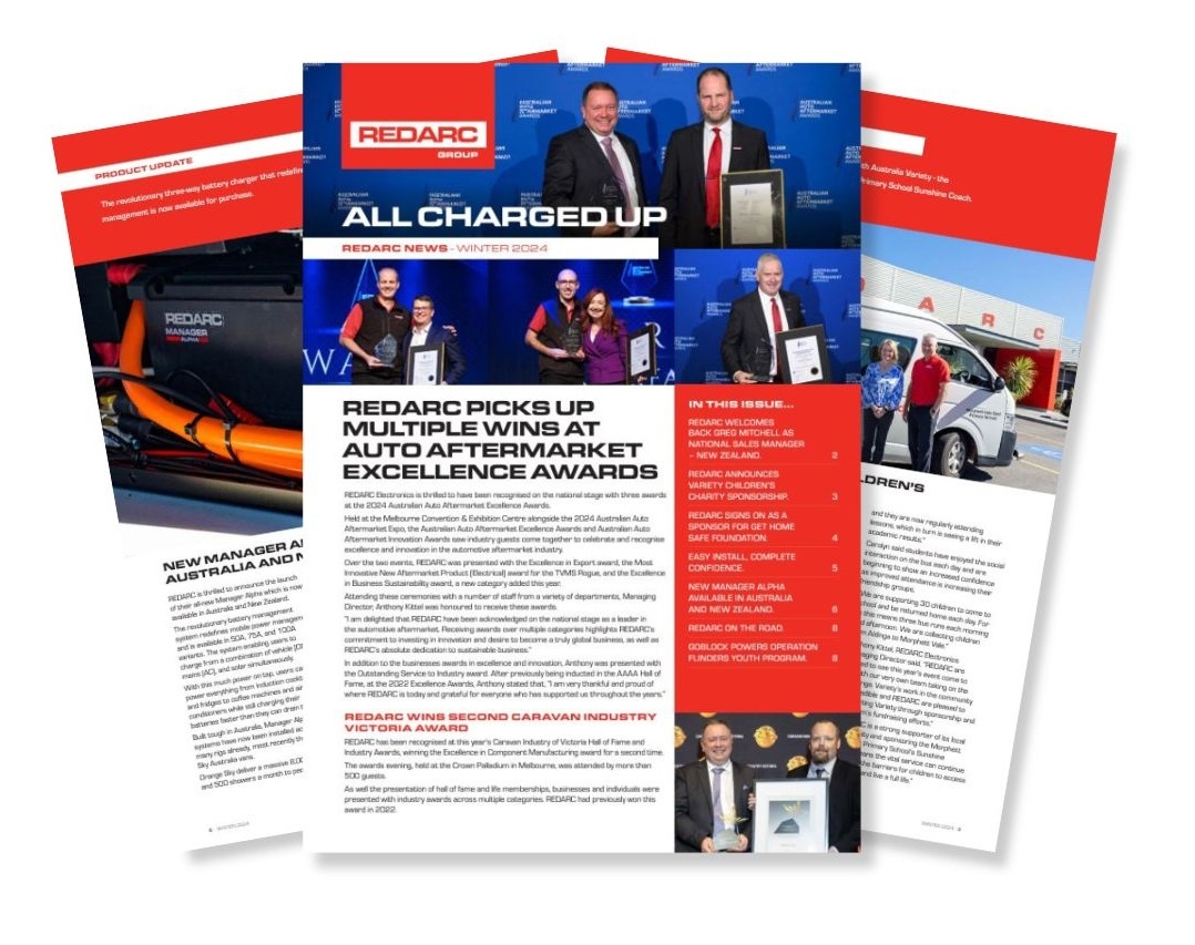 REDARC's winter edition of their All Charged Up newsletter featuring a cover story about REDARC winning awards. 