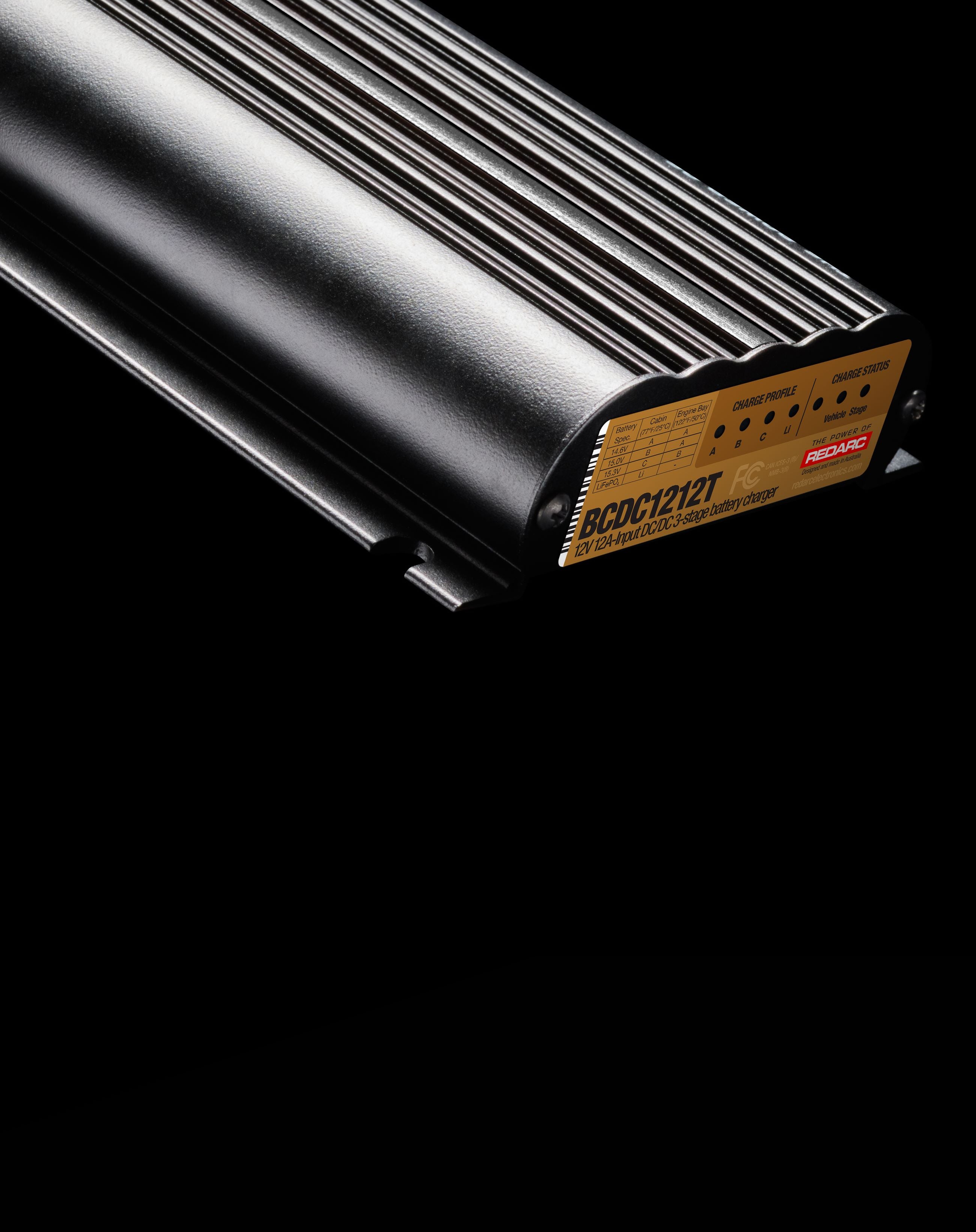 REDARC BCDC1212T Trailer Battery Charger on a black background