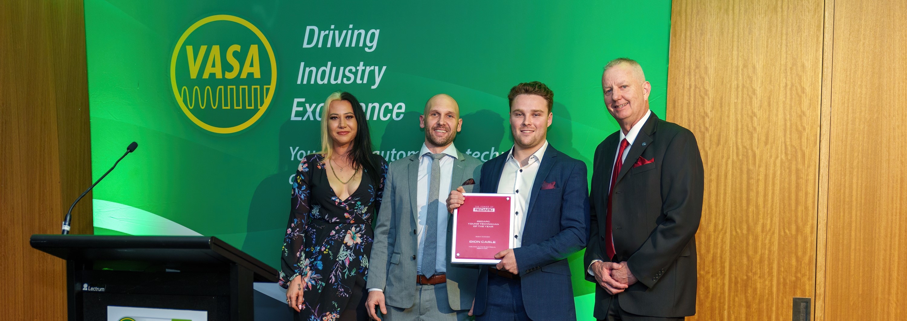 Dion Carle with his REDARC Young Technician of the Year Award alongside VASA representatives and David Schneiders. 
